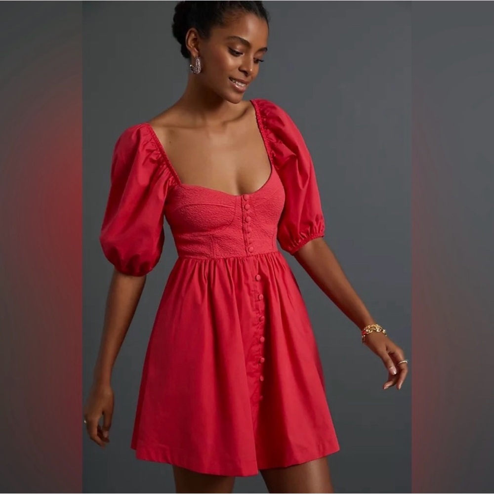 Maeve Anthropologie Red Button Down Date Night Dress Going Out Valentines Day